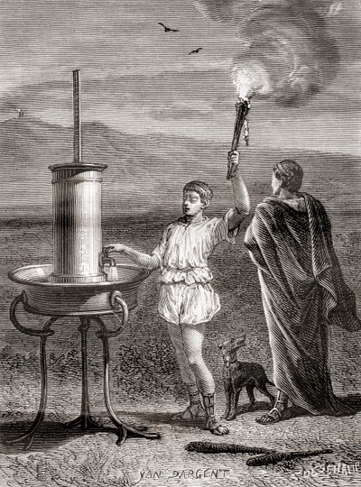 Starożytny grecki system semaforów hydraulicznych używany przez Eneasza do wysłania wiadomości z IV wieku p.n.e. z Les Merveilles de la Science, opublikowany ok. 1870 r. (rycina) autorstwa French School