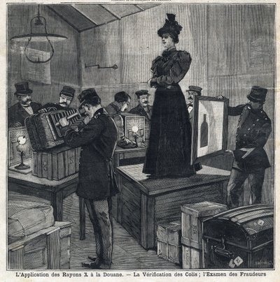 Zastosowanie promieni rentgenowskich (rentgenowskich) ma celne: weryfikacja paczek i badanie oszustów. W „”Le Peute Parisien”” w dniu 11.07.1897. Prywatna kolekcja autorstwa French School