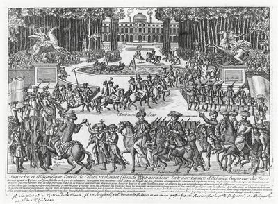 Przybycie do Tuileries Mehmeda Celebi Efendi, ambasadora tureckiego sułtana Ahmeda III na przyjęcie Ludwika XV w 1721 r. (rycina) autorstwa French School