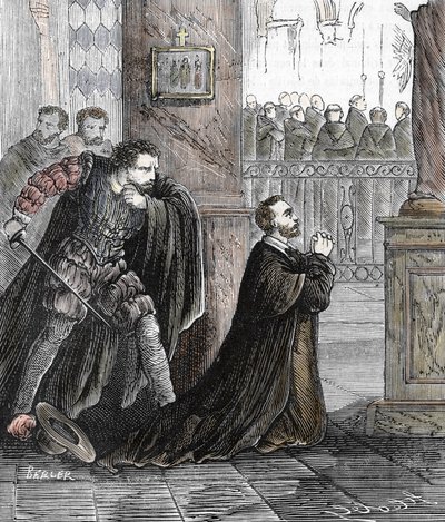 Zabójstwo inkwizytora Pedro de Arbues (1441-1485) w dniu 17.09.1485 w katedrze w Saragossie w Hiszpanii (Urzędnik hiszpańskiej inkwizycji Pedro de Arbues zamordowany w katedrze La Seo w Saragossie w 1485 r. konwersacje autorstwa French School