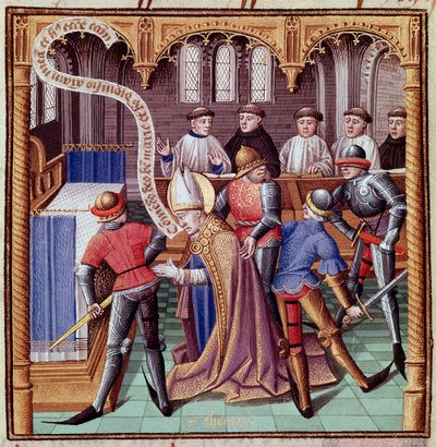 Zabójstwo Tomasza Becketa w 1170 r. (Assassination of Saint Thomas of Canterbury) Miniatura zaczerpnięta z "Le miroir historial" (Speculum Historiale) autorstwa Vincenta de Beauvais (1190-1264) przetłumaczonego na język francuski przez Jeana de Vignay. autorstwa French School