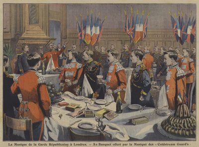Zespół Francuskiej Gwardii Republikańskiej na bankiecie wydanym przez zespół Strażników Coldstream w Londynie (kolor lito) autorstwa French School