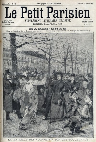 Bitwa konfetti na paryskim bulwarze podczas Mardi Gras (Mardi-Gras). Grawer w „Le petit Parisien”” autorstwa French School
