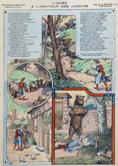 Niedźwiedź i miłośnik ogrodu - Fables de La Fontaine na obrazach Epinal autorstwa French School