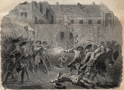 Zbójnik Louis Dominique Garthausen dit Cartridge (1693-1721) i jego towarzysze udający się na desuitalizację hotelu Desmaretz w Paryżu, są zaskoczeni i zaatakowani przez łuczników po zaciętej walce, uciekają przez dachy - francuski bandyta Louis Domini autorstwa French School