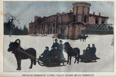 Zamek Ringmundtof w Inflantach, grabieże i pożary dokonane przez rosyjskich anarchistycznych rewolucjonistów. Rosja autorstwa French School