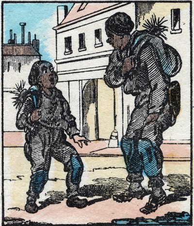 Kominiarz. Grawerowanie w „”La chanson des metier””. Obrazowanie epinal, koniec XIX wieku. Prywatna kolekcja autorstwa French School