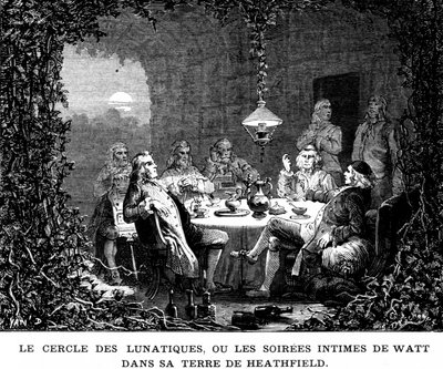 Krąg wariatów, czyli intymne wieczory Watta w krainie Heathfielda - w „Albumie Nauki”; wybitni uczeni; Wielkie odkrycia”” 1896. autorstwa French School