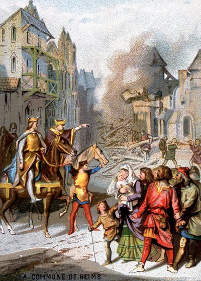 Gmina Reims (1160) - Odwet Ludwika VII w celu zniszczenia swobód komunalnych burżuazji Reims. Chromolitografia z cyklu „Wychowanie patriotyczne przez obraz”. autorstwa French School