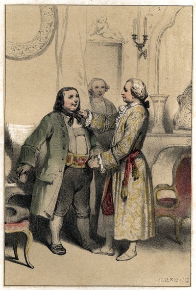 Kompozytor Joseph Haydn przyjął mężczyznę, który przyszedł prosić go o skomponowanie menu na wesele córki. Talerz zaczerpnięty z graweru „”Sceny de la vie des hommes słynne””” w dwóch odcieniach autorstwa Valerio. 1843. autorstwa French School