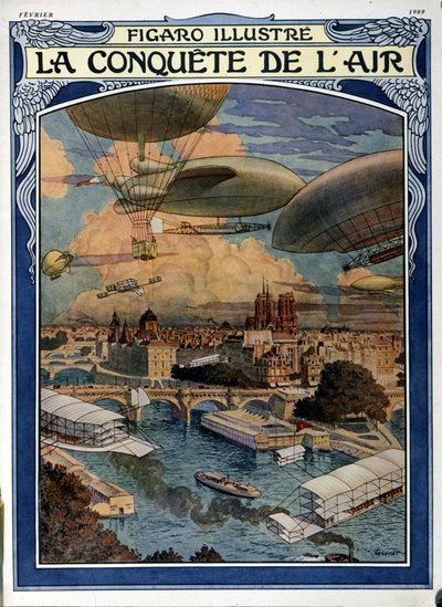 Podbój powietrza: sterowiec, balon i balon na ogrzane powietrze nad Paryżem - okładka w Figaro Illustrated z lutego 1909 r. autorstwa French School