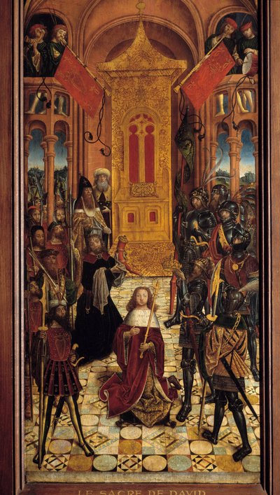 Koronacja Dawida Dawida jest koronowanym królem Izraela. Malarstwo Szkoły Francuskiej XVI wieku. 1501. z Cathedrale d