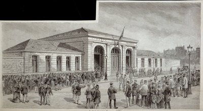 Tłum przed kostnicą w Paryżu w 1886 roku. autorstwa French School