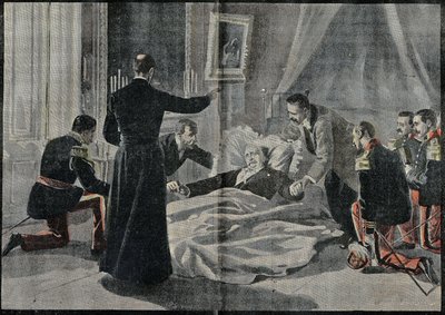 Śmierć Felixa Faure (1841-1899), prezydenta Francji Abbe Renault dała mu rozgrzeszenie. Grawerowanie w „Le Pelerin”” 26.02.1899. autorstwa French School