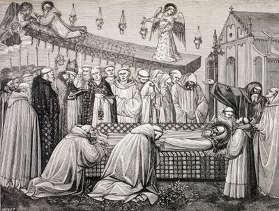 Śmierć św. Benedykta z Nursji w opactwie Monte Cassino, z książki "Military and Religious Life in the Middle Ages" autorstwa Paula Lacroix, wydanej w Londynie ok. 1880 r. autorstwa French School