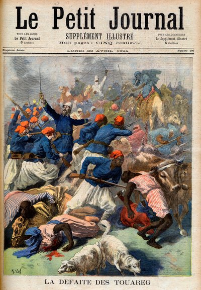 Klęska Tuaregów. Francuskie wojska kolonialne pod dowództwem podpułkownika Josepha Joffre (1852-1931) - Klęska Touarega. Ilustracja do Le Petit Journal, 30 kwietnia 1894 (grafika) autorstwa French School