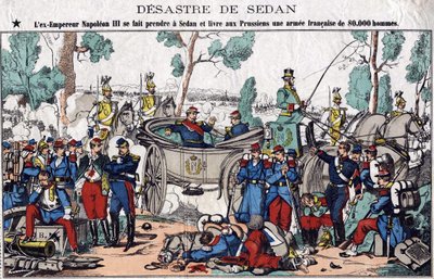 Katastrofa Sedanu; Były cesarz Napoleon III zostaje złapany w Sedanie i dostarcza Prusom 80-tysięczną armię francuską, obraz XIX-wiecznego kręgosłupa. autorstwa French School