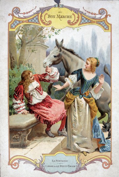 Osioł i piesek (Fable de La Fontaine) - naklejka reklamowa Bon Marché autorstwa French School