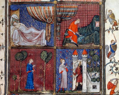 Sen: Śpiący Kochanek, ubierający się, szyjący koszulę i Przed Domem Przyjemności. Miniatura w „”Roman de la rose”” Jean de Meun, Jean de Meung lub Jean Chopinel, Jean Clopinel (v.1240-1305), ok. 1370. Chantilly, Musee Conde autorstwa French School