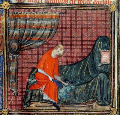 Marzenie, detal: sukienki The Lover. Miniatura w „”Roman de la rose”” Jean de Meun, Jean de Meung lub Jean Chopinel, Jean Clopinel (v.1240-1305), ok. 1370. Chantilly, Musee Conde autorstwa French School