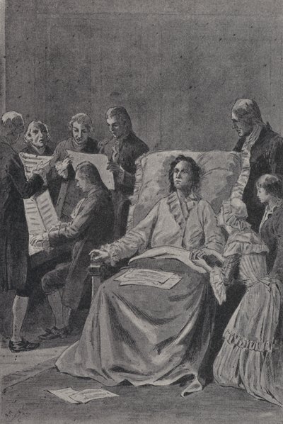 Umierający Wolfgang Amadeusz Mozart przysłuchujący się kolegom wykonującym kantatę Pochwała przyjaźni (rycina) autorstwa French School