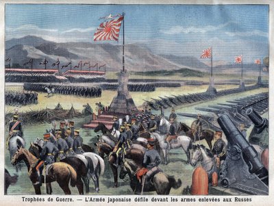 Zakończenie japońskiego konfliktu rosyjskiego, zwycięska armia japońska siedzi przed rosyjskim przejęciem broni, w „Le Petit Parisien”, 24.06.1906 (rycina) autorstwa French School