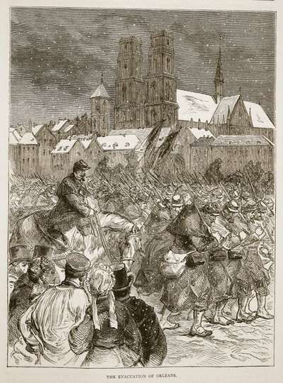 Ewakuacja Orleanu, grudzień 1870, ilustracja z Historii wojny Cassells między Francją a Niemcami, 1870-1871 autorstwa French School