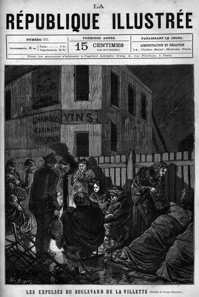 Eksmisje z Boulevard de la Villette: robotnicy wygnani z paryskiego miasta muszą spać na ulicy (S.D.F.). Gazeta. Rycina z 1880 r. w prywatnej kolekcji „La republique illustree”. autorstwa French School