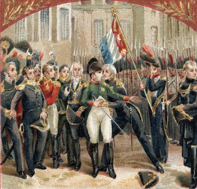 Pożegnanie Napoleona Bonaparte (1769-1821) ma cesarską straż na dziedzińcu Cheval Blanc na zamku Fontainebleau w dniu 20.04.1814. Chromolitografia z końca XIX wieku autorstwa French School