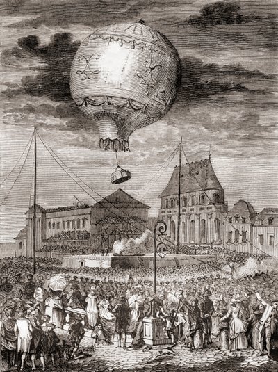 Lot Aérostat Réveillon 19 września 1783 przez braci Montgolfier w Wersalu we Francji, przed królem Francji Ludwikiem XVI i królową Marią Antoniną, z Les Merveilles de la Science, opublikowany ok. 1870 (rycina) autorstwa French School