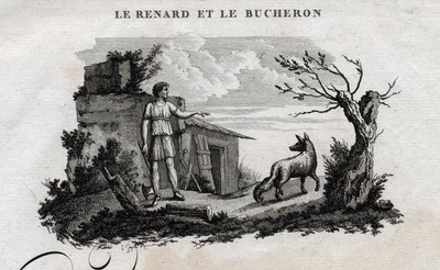 Lis i drwal. Bajka o Esope. (Grecki pisarz Esopo lub Ecopus, VI wiek pne) Napisane przez Guillaume Montfort i Gravees przez Beauble w 1801 roku. autorstwa French School