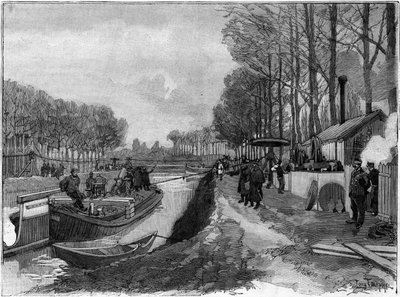 Kolejka linowa ciągnąca łodzie po kanałach w Joinville le Pont, zgodnie z systemem Maurice Levy. autorstwa French School