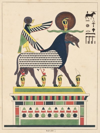 Bóg Amon-Ra, ilustracja z egipskiego Panteonu: zbiór mitologicznych postaci ze starożytnego Egiptu autorstwa Jean-Francois Champollion, wydany ok. 1986 r. autorstwa French School