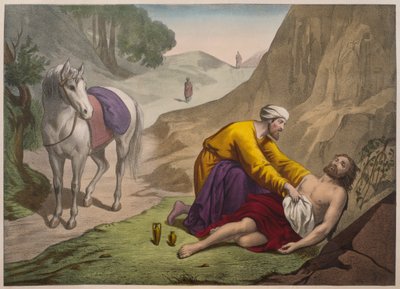 Dobry Samarytanin, ilustracja z katechizmu LHistoire Sainte, wyd. Charles Delagrave, Paryż, koniec XIX wieku autorstwa French School