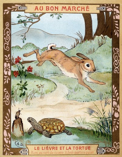 Zając i żółw (Fable de La Fontaine) - naklejka reklamowa Bon Marché, koniec XIX wieku autorstwa French School