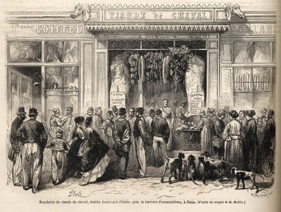Zakład mięsny koni przy Barriere de Fontainebleau (Paryż) otwarty w 1866 roku - Butcherie chevaline - Boucherie Meat de Cheval Boulevard Włochy w pobliżu Barriere de Fontainebleau 1866) Grawerowanie w „Le monde illustrious” z 1866 autorstwa French School