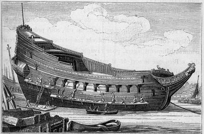 Kadłub dużego statku w XVII wieku. Grawerowanie w „La Marine et les colonies: commerce” autorstwa French School