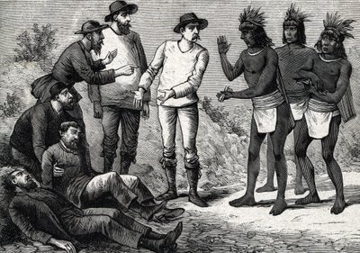Mieszkańcy Peru pomagają kolonialnym Europejczykom cierpiącym na malarię z Cinchona (rycina) 1888 autorstwa French School
