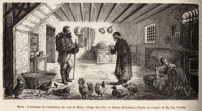 Wnętrze domu uzdrowiciela z Mune, wsi Les Cici, w którym w głównej sali gości narrator, gdzie kobieta robi pranie na kolanach, obok żyjącego tam drobiu z całkowitą swobodą, grawerowanie według rysunku autorstwa Lafosse ilustruje autorstwa French School