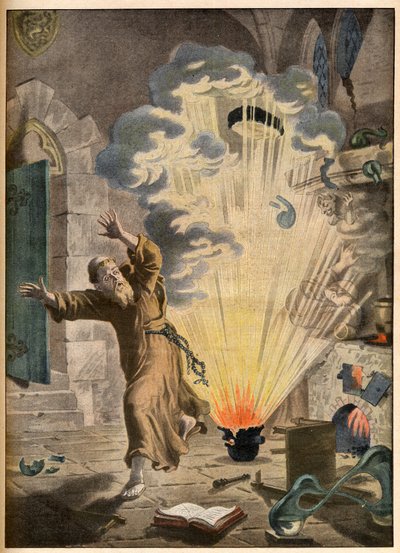 Wynalezienie prochu przez niemieckiego mnicha i alchemika Bertholda Schwartza (ok. 1318-1384) - Znamienite wynalazki. Proszek. Ilustracja do Le petit Journal, 27 stycznia 1901. autorstwa French School
