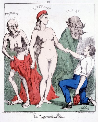 Wyrok Paryża: Monarchia - Republika - Imperium (komunard wybiera Republikę). Karykatura o Gminie. autorstwa French School
