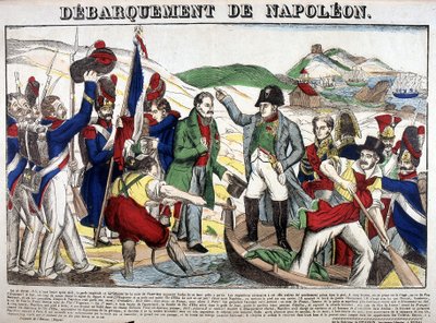 Lądowanie w Zatoce Juan: Napoleon I powrócił do Francji 1 marca 1815 roku po okresie wygnania na Elbie. Obraz Epinal autorstwa French School