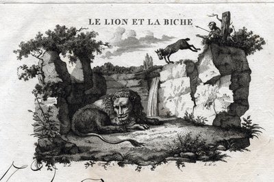 Lew i jeleń. Bajka o Esope. (Grecki pisarz Esopo lub Ecopus, VI wpne) Napisane przez Guillaume Montfort i Gravees przez Beauble w 1801 roku. autorstwa French School