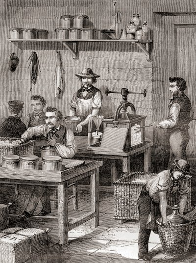 Produkcja bawełny strzelniczej w XIX wieku z Les Merveilles de la Science, opublikowana ok. 1870 r. (rycina) autorstwa French School
