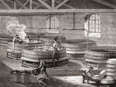 Produkcja mydła w dużych zbiornikach w XIX wieku, z "Les Merveilles de la Science", opublikowanego ok. 1870 r. (rycina) autorstwa French School