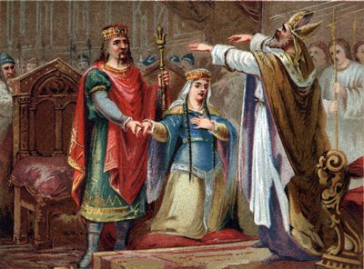 Małżeństwo Chlodwiga (481-511) króla franków z Klotyldą w 493 r. Chromolitografia z końca XIX wieku. autorstwa French School