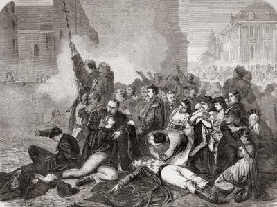 Masakra ludności cywilnej na Placu Zamkowym w Warszawie 8 kwietnia 1861 przez piechotę i kawalerię rosyjską, z "L"Univers Illustré", 1866 autorstwa French School
