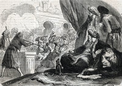 „Masakra armii janczarów w 1826 r. przez sułtana Mahmuda II, Konstantynopol” (rycina) 1864 autorstwa French School
