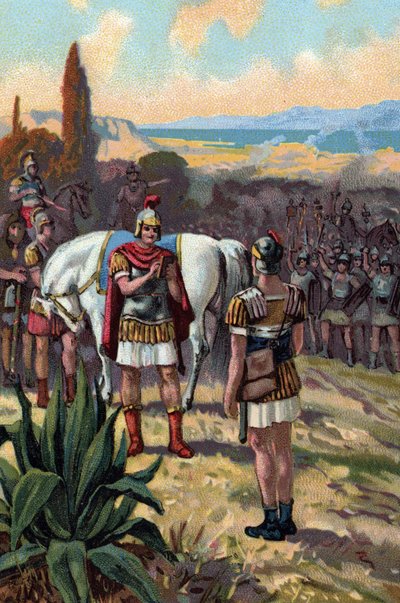 Spotkanie między Juliuszem Cezarem (100-44 pne) a mostem King Pharnace II (97-47 pne) w bitwie pod Zelą w 47 rpne i Pharnacias II z Królestwa Pontu autorstwa French School