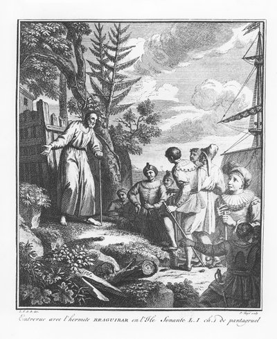 Spotkanie z Braguibarem na wyspie Sonante, ilustracja z „Życia Gargantui i Pantagruela”, autorstwa François Rabelais autorstwa French School
